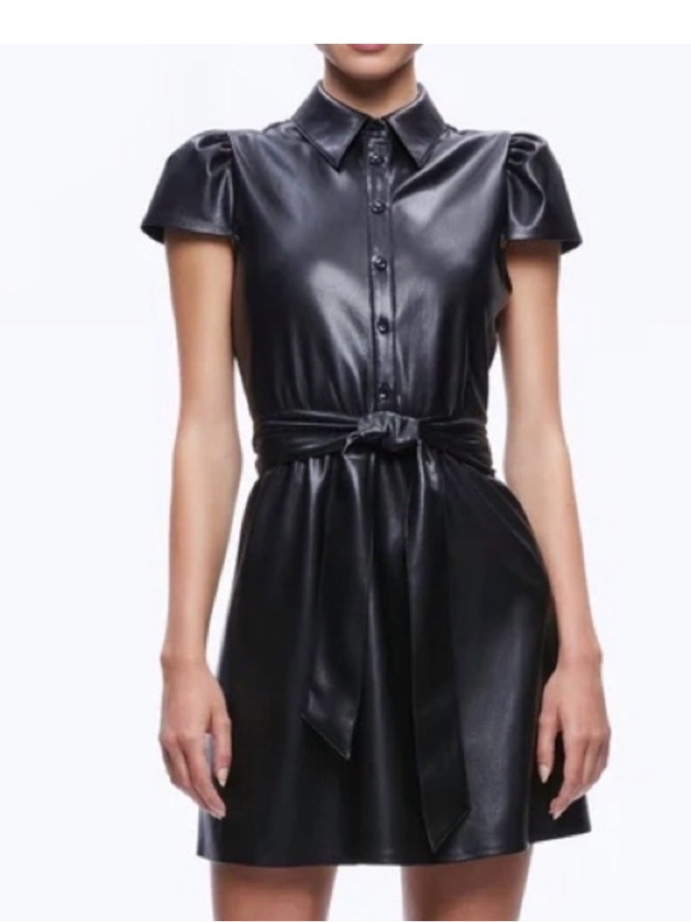Alice + Olivia Black Carolyn Vegan Leather Mini Shirt Dress with Tie Waist - Picture 1 of 6